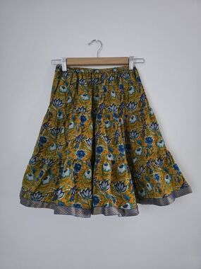 Flowing Floral Circle Skirt in Mustard and Blue